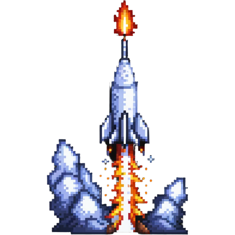 A pixel art rocket launching upward with fire and smoke trail emoji