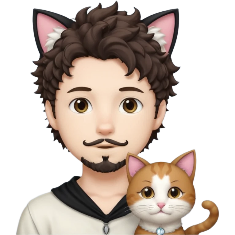 white boy with cat tail with goatee hair and cat ears with dark brown hair and anime features woth curly hair  emoji