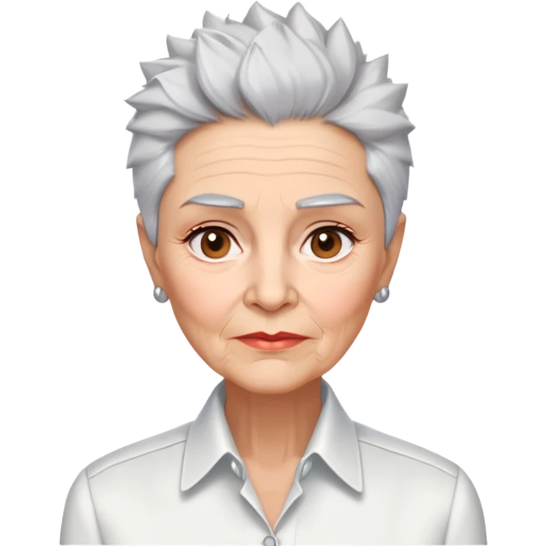 Elderly Marian Pabón with elegant facial features, light rosy complexion, expressive eyes with age lines, medium well-defined lips, sophisticated pronounced cheekbones, short spiky silver hair styled like a men's cut, dressed in a crisp white button-up shirt emoji