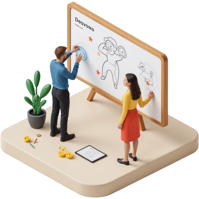 designers collaborating and drawing on a whiteboard, skeuomorphism style emoji