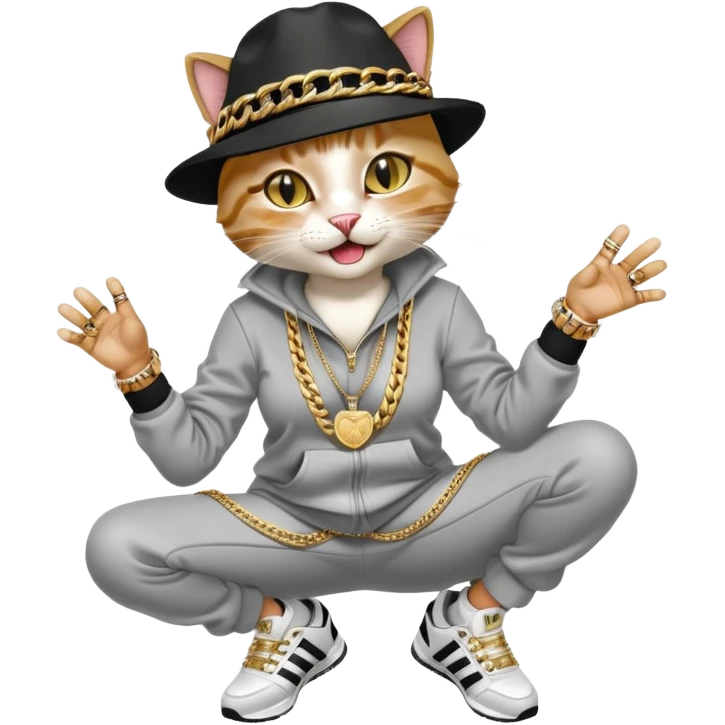 female cat wearing Run DMC hip-hop outfit with tracksuit, fedora, Adidas sneakers, many gold chains, rings, bracelets, flashy earrings, laughing and looking up, no sunglasses emoji