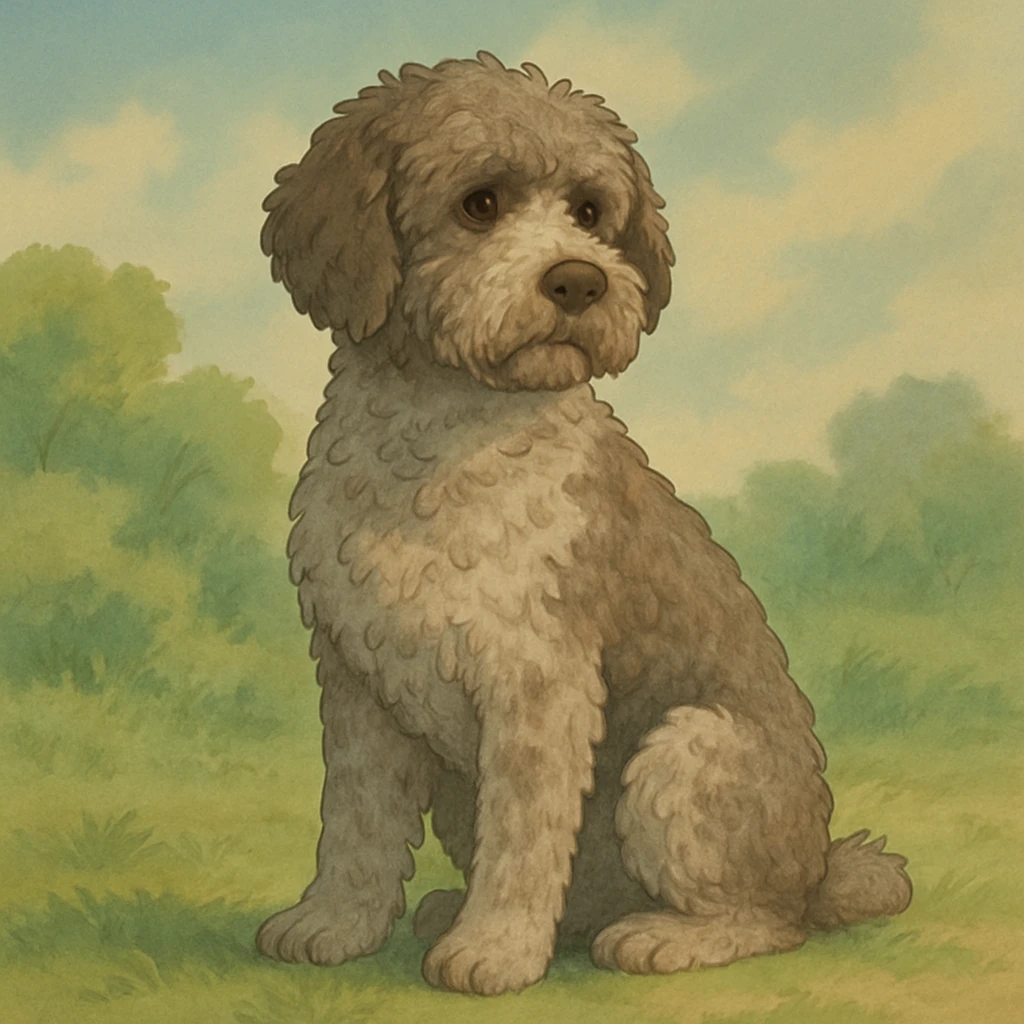 illustration of a roan Lagotto Romagnolo dog, sitting, soft background, ghibli style emoji