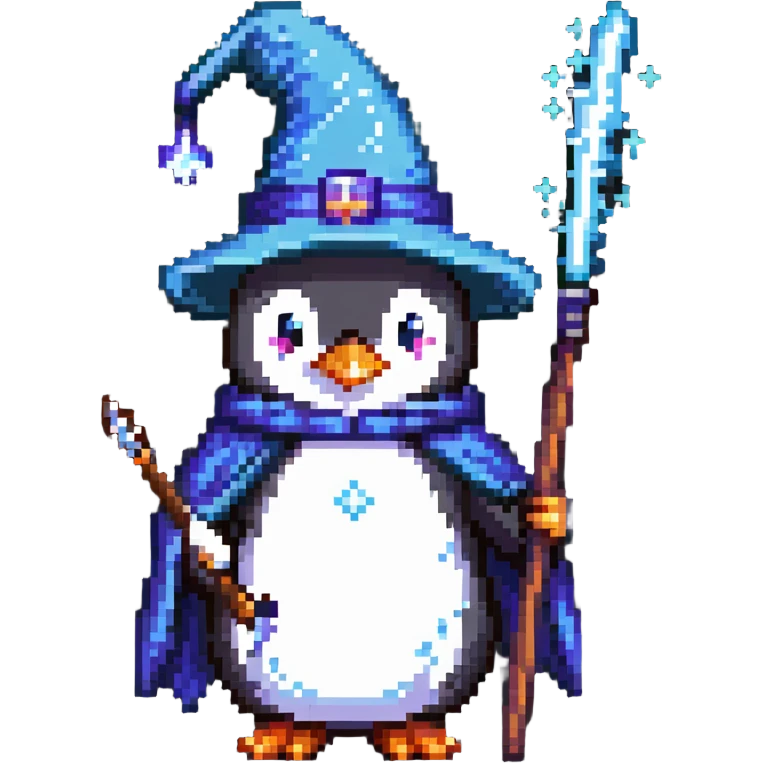 penguin wearing wizard hat and robe holding a magic wand emoji