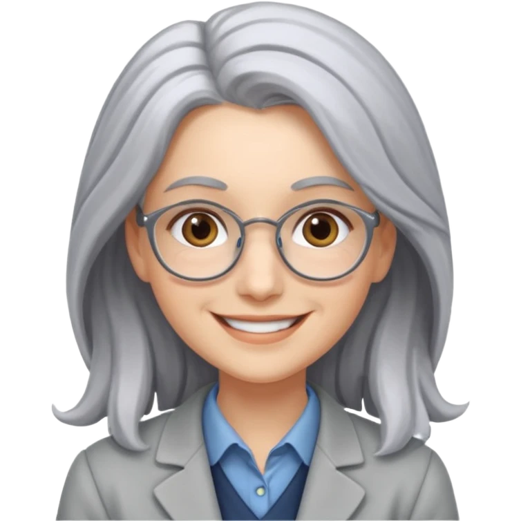 Profesora joven, sonrriente cabello gris canoso y de pelo largo  emoji