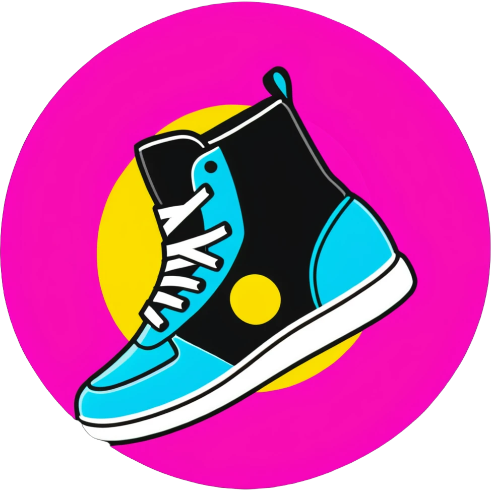 Minimalist sticker with white 'tt' letters on a black circle with cyan, magenta, and yellow dots below, sneaker with street style influence emoji
