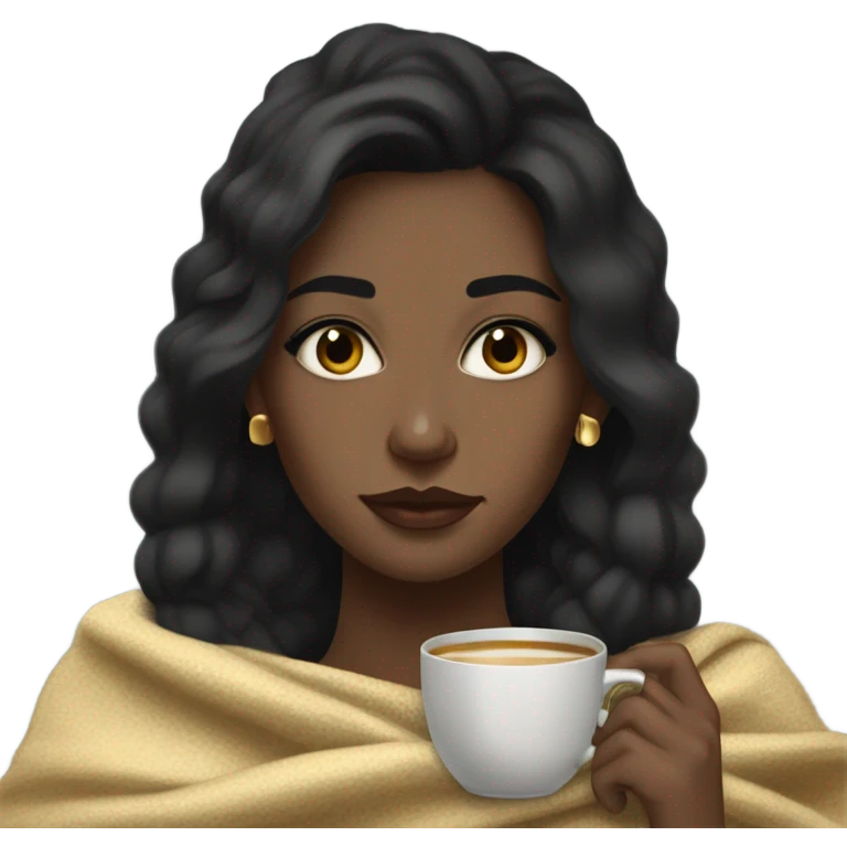 brown skin girl, with 3b type black hair, drinking peppermint tea, upturned dark brown eyes, black eyebrows, gold necklace and gold earrings, and dark grey blanket. emoji