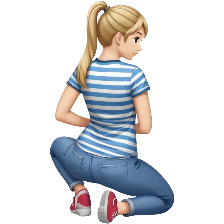 young woman with ponytail wearing jeans and striped t-shirt kneeling viewed from behind emoji
