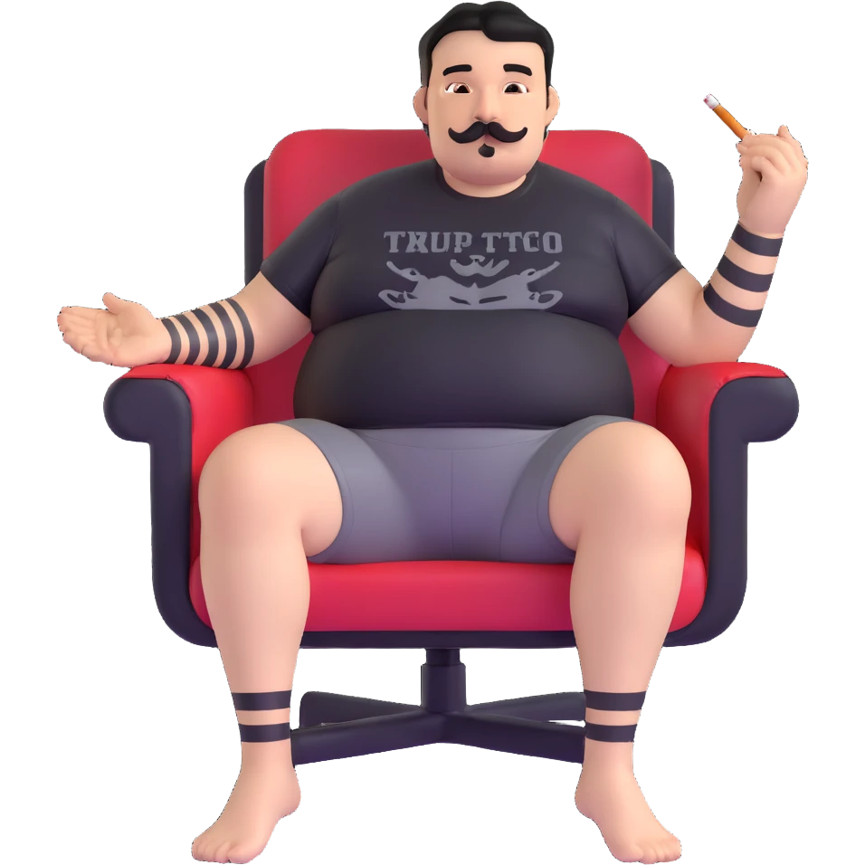 Big man relaxing in chair, legs spread wide, holding cigarette, round face, short black hair (not bald), short beard and mustache, black t-shirt with light stripes at top, exposed belly, black shorts, arms covered in black graphic tattoos with patterns visible on forearms and shoulders emoji