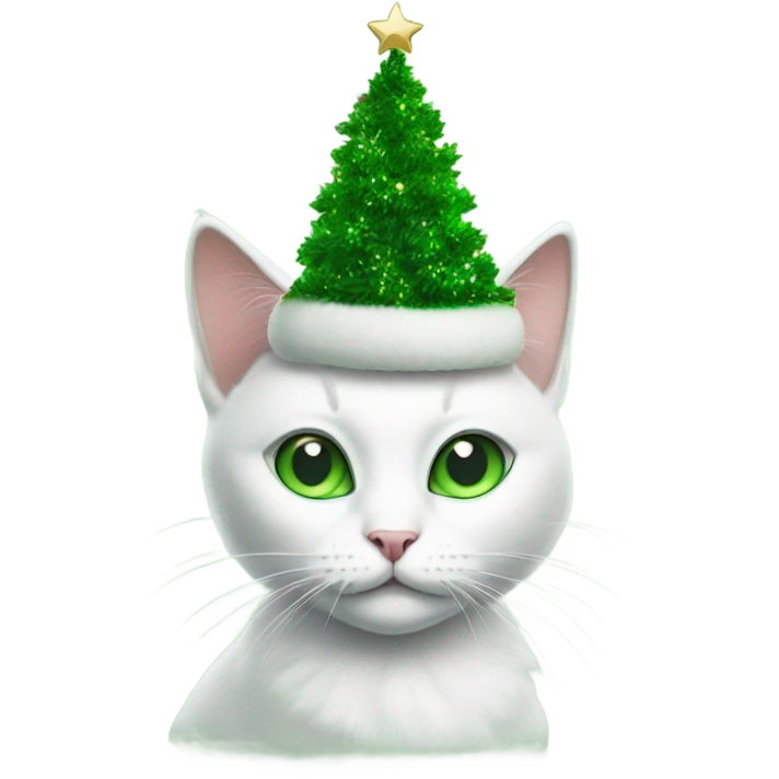 White cat green eyes wearing a green Christmas tree hat emoji