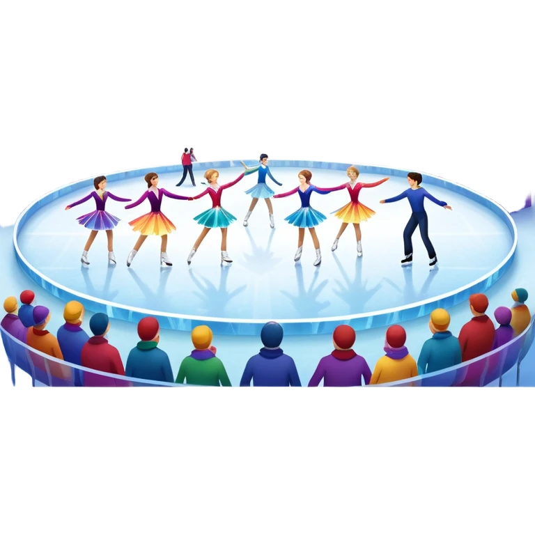 An icon showing a scenic ice rink with multiple figure skaters performing elegant moves under soft spotlight beams. Surrounded by audience stands and shimmering ice, the scene reflects harmony, grace, and the magic of figure skating. Transparent background included emoji