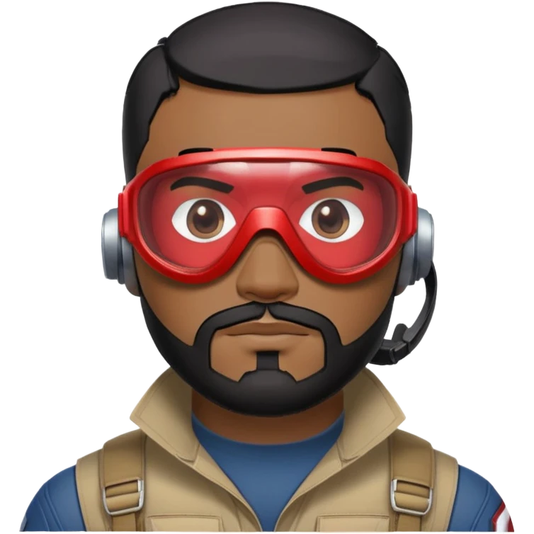 sam wilson have a short, neatly cropped black hair. It is evenly trimmed and close to the scalp, maintaining a clean and military-inspired and  a well-groomed beard that connects to his mustache,  wear sleek, red-tinted tactical goggles fit snugly from captain america: civil war emoji