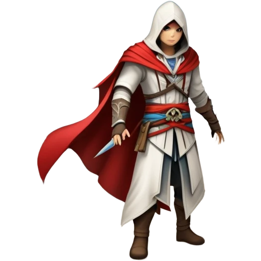 An icon representing an adventure game, inspired by Assassin's Creed. The design features a heroic character in hooded attire, scaling a tall building in a historical cityscape. The background shows ancient architecture and hidden symbols, symbolizing exploration and stealth. Transparent background emoji