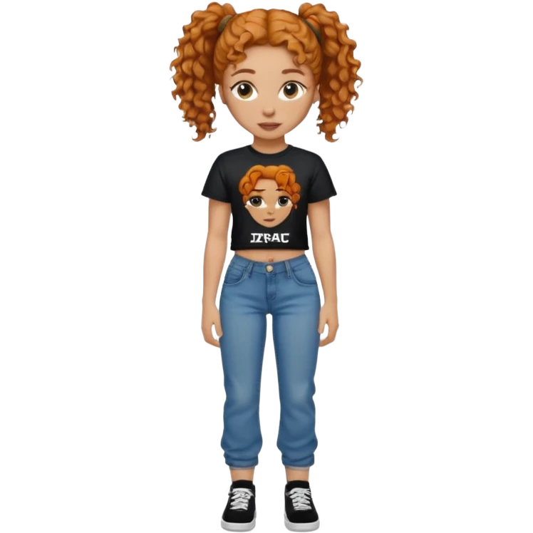 Girl with ginger curly hair in a ponytail with a tupac shirt and loose jeans emoji