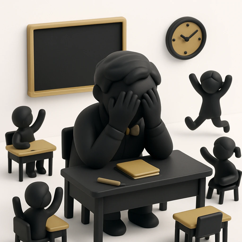 exhausted teacher in a bustling classroom emoji