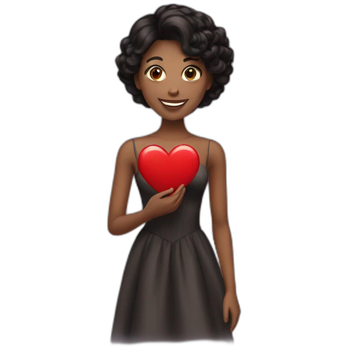  20 year old woman with brown skin wearing a formal dress, black hair, smiling and holding a red heart emoji