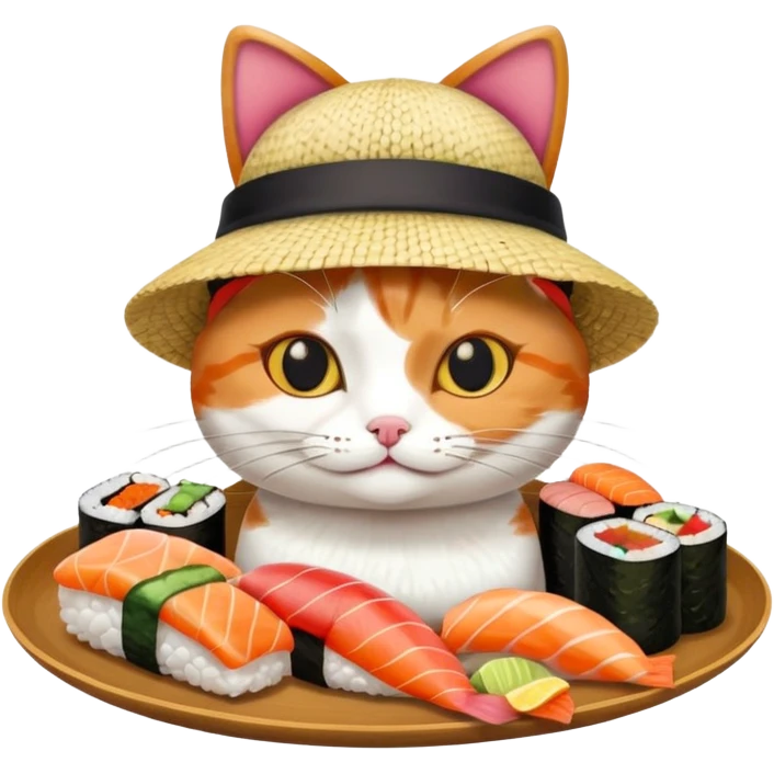 cat wearing a hat made out of sushi emoji