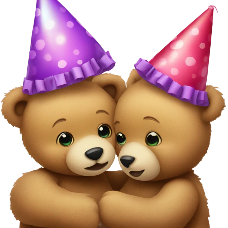 teddy bear kissing another teddy bear wearing party hats emoji