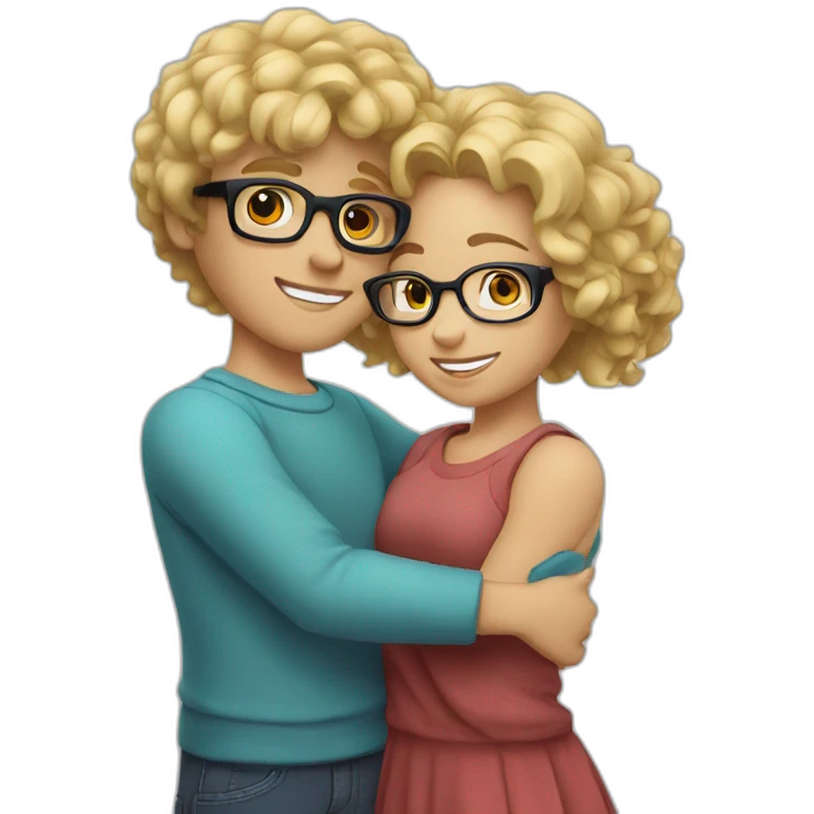 boy with curly blonde hair and glasses hugging girl with black hair and glasses emoji