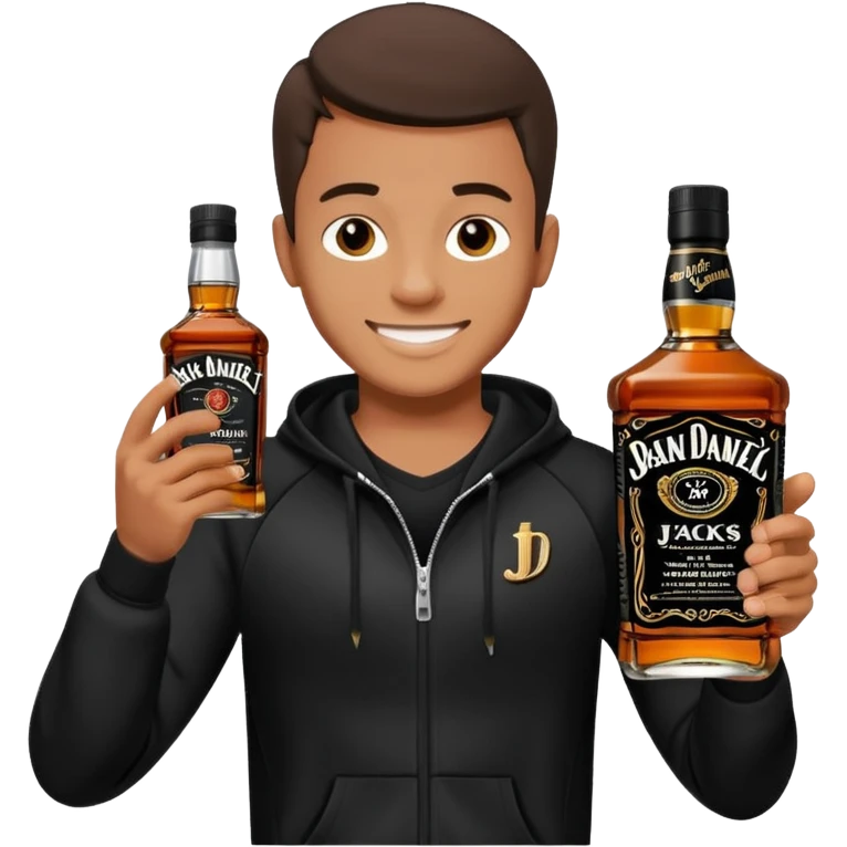 Junge mit schwarzen Jogginganzug und Jacky Flasche in der Hand emoji