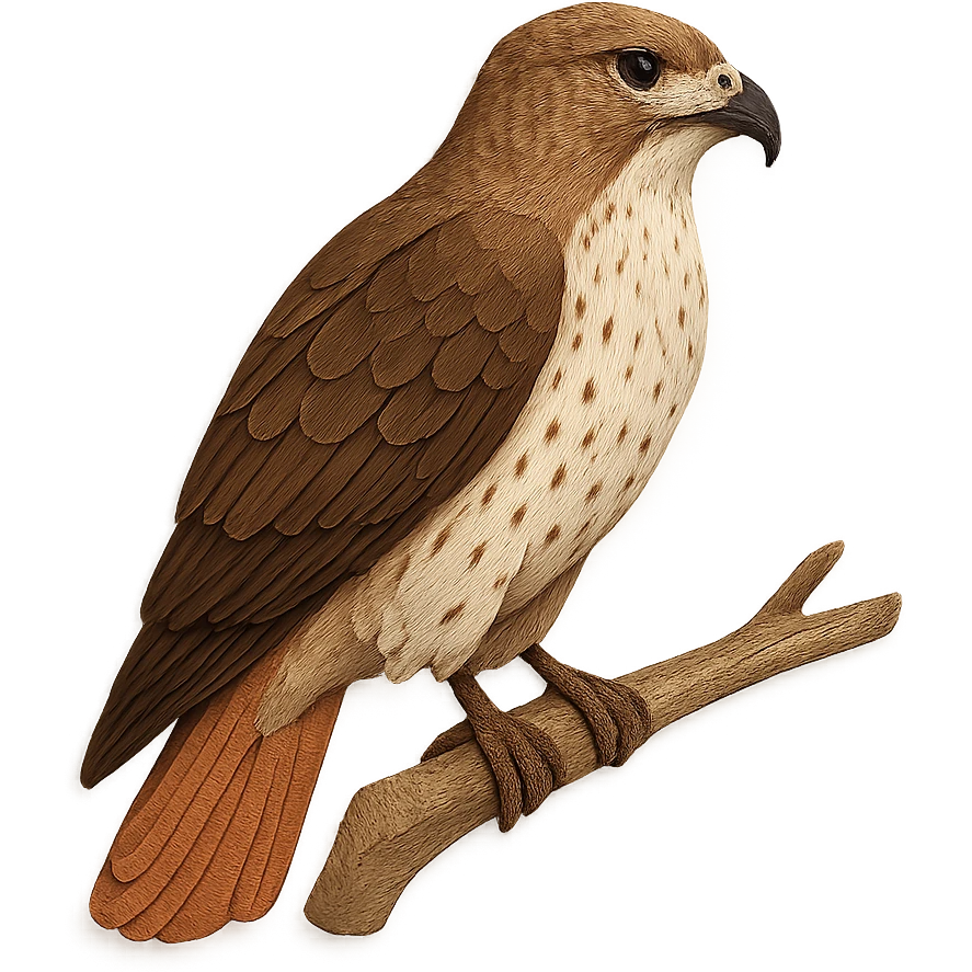 very detailed red-tailed hawk perched on a tree branch, intricate cut paper textures, rich brown feathers, pale chest, reddish tail, realistic markings emoji