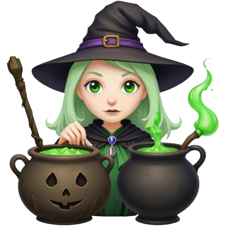 Witch with a huge nose and warty skin holding a cauldron filled with green potion emoji