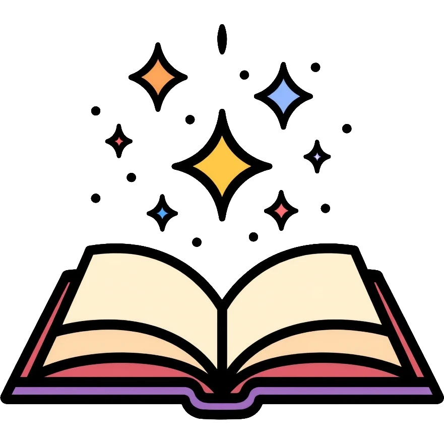 Colorful open book with magical sparkles floating above the pages emoji
