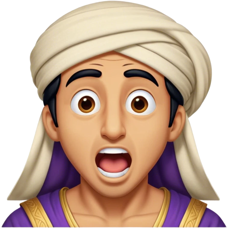 Cinematic Realistic Aladdin Portrait, head tilted slightly with a dramatic, wide-open yawn, revealing a relaxed, yet still vigilant expression. The lifelike textures of his skin and carefully rendered fabric of his attire combine with warm, ambient lighting to capture a moment of endearing, laid-back heroism. emoji