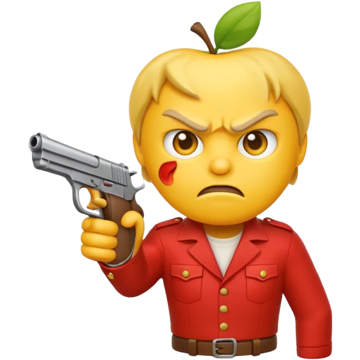 Create a classic yellow angry emoji holding a gun in hand, in the style of Apple emojis, with no background. emoji