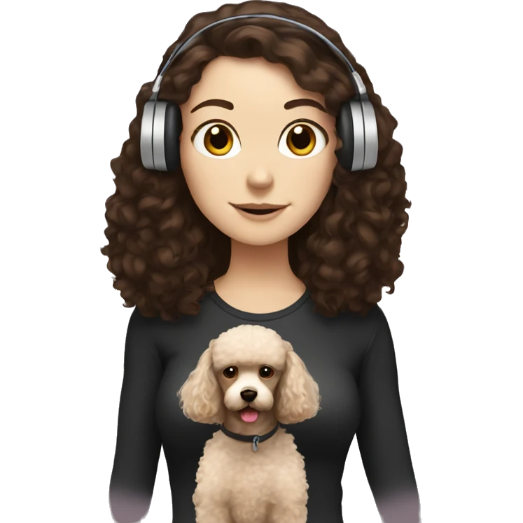 White girl, dark long hair in headphones with brown poodle emoji