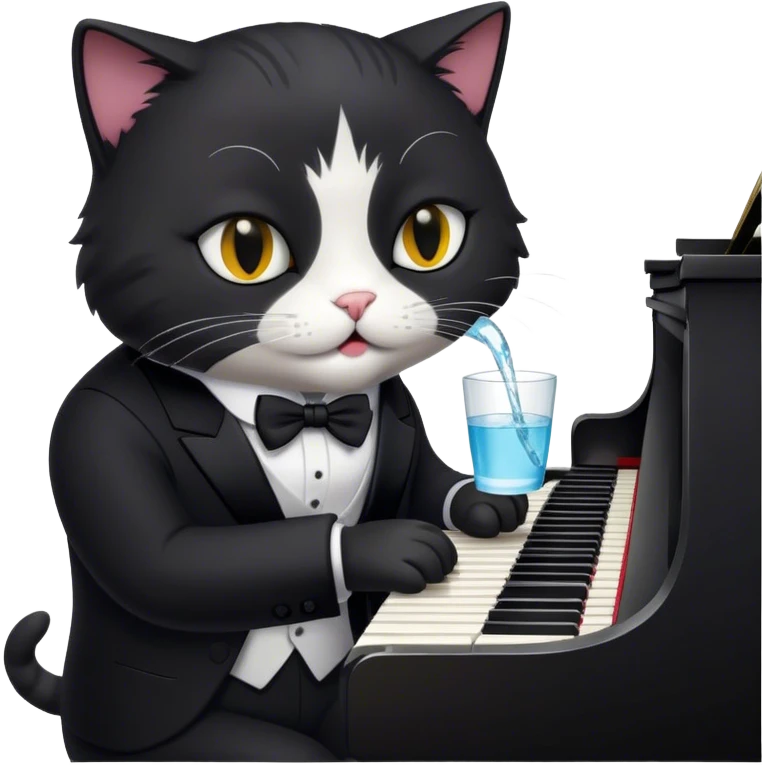 Um gato de terno preto tocando piano bebendo águaUm gato de terno preto tocando piano bebendo água emoji