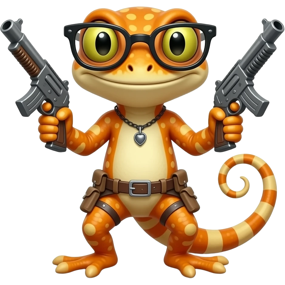 Quiero un diseño de gheco  con armas    color naranja con gafas y muy rebelde è irreverente emoji