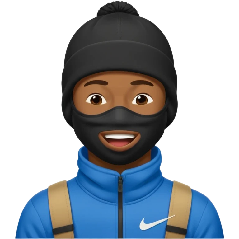 black guy with nike ski mask on squinching his face trying to hold his laugh with his eyes closed emoji