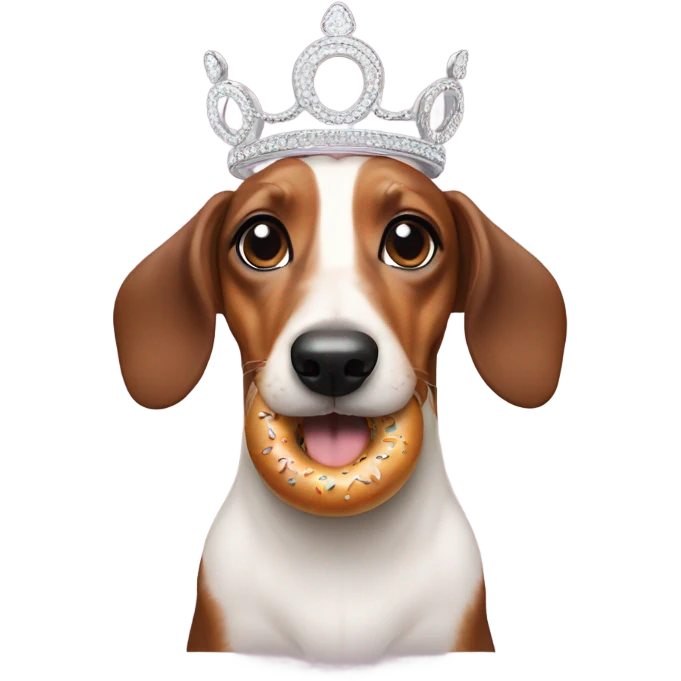a confused sausage dog with a tiara eating a bagel emoji