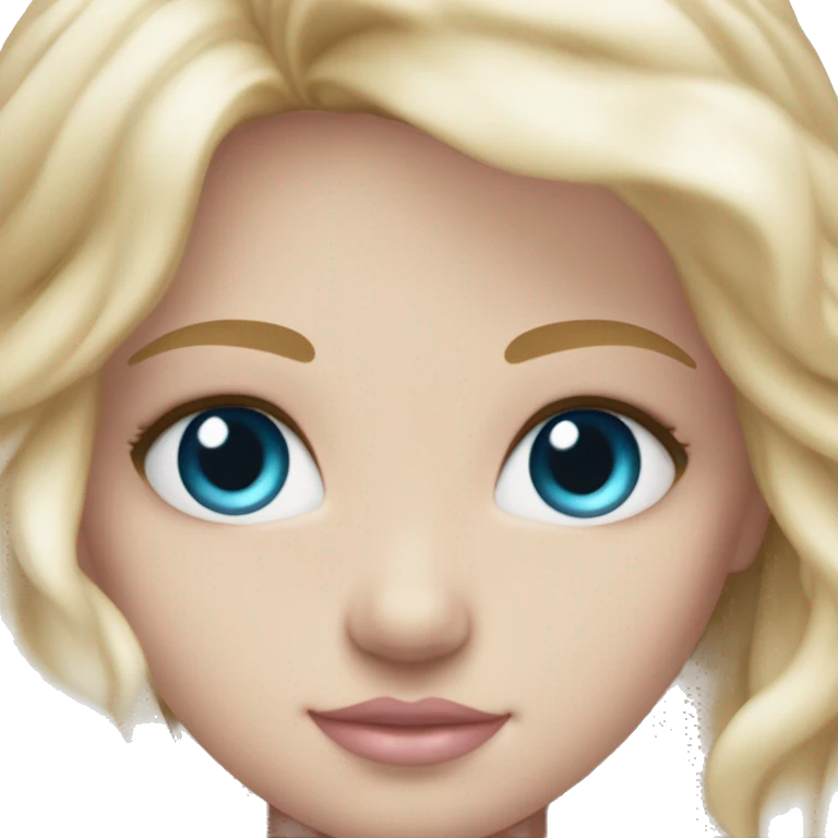ocean blue doll eyes, blonde glowing silky long hair, girl, feminine, fragile, pink, angelic, in love emoji