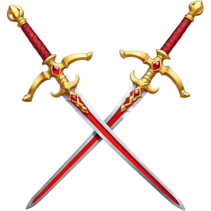 Two crossed swords that are golden in blade and handle and have fiery and royal appearence to them as well as red gem stones yellow in color emoji