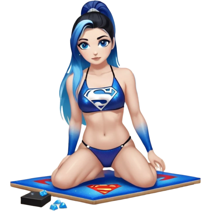 Front view-very very very large chest-shy face-on knees-very long straight flowing dark blue to light blue hair ombre all hair in a high ponytail and-blue eyes-black eyeliner-long eyelashes-iridescent sting bikini top with glitter superman logo-playing cornhole emoji