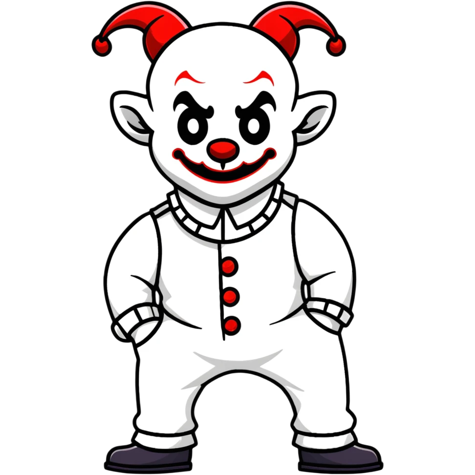 full-body demonic clown in a white leisure suit with bellbottom pants, bald, with black ram horns emoji