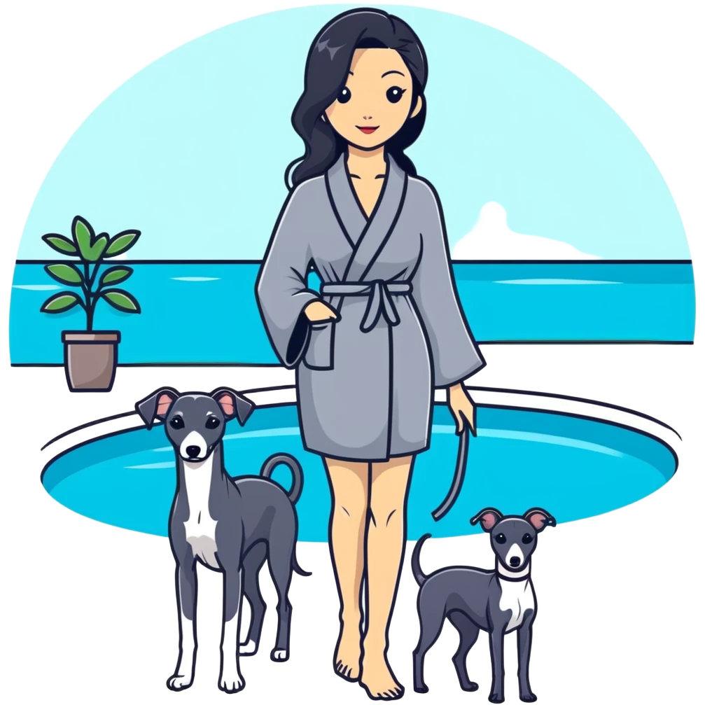 Very thin and slim Chinese woman with long black hair in elegant pool attire at a luxury spa pool with fancy amenities and her Italian greyhound that is COMPLETELY solid dark grey with ABSOLUTELY ZERO white markings anywhere - 100% uniform dark grey color only emoji