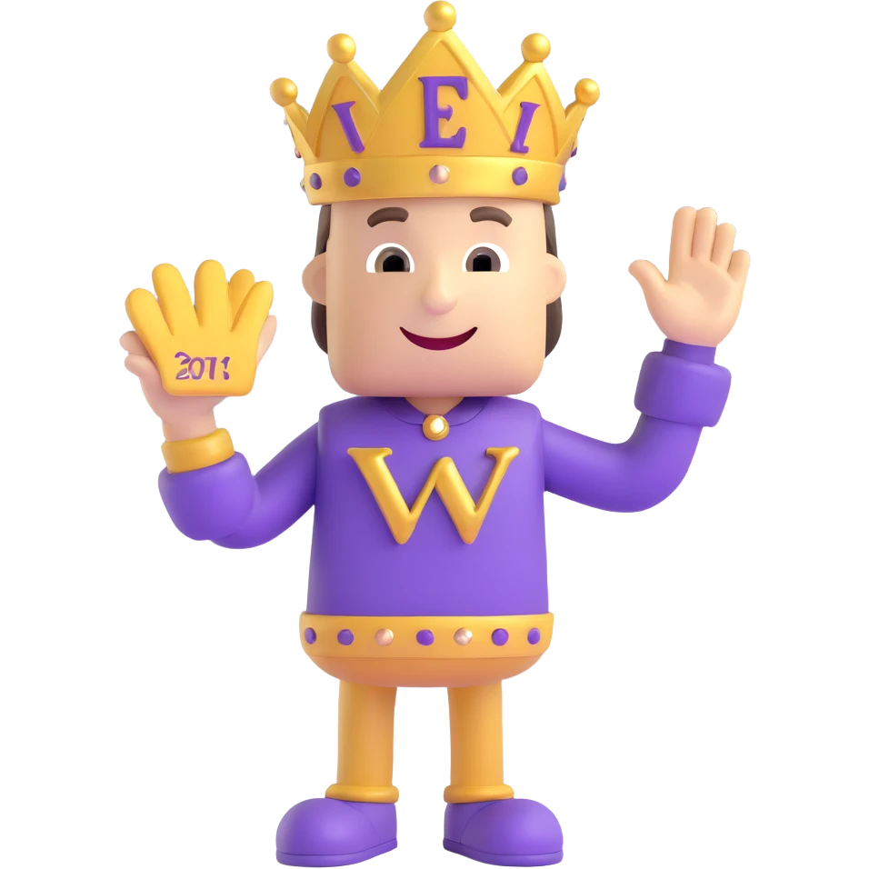 friendly mascot character standing front-and-center, one arm raised in a welcoming wave, holding a small 'Welcome' sign in gold letters, outfit in Qame purple (#4B2091) with gold accents, soft drop shadows, simple light-grey gradient background emoji