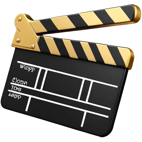 cartoon movie clapper, simple design with gold top part and white bottom part, black diagonal stripe emoji