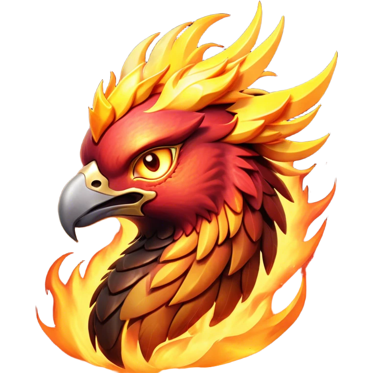 Cinematic Fierce Battle-Hardened Mystical Fire Phoenix Portrait Emoji, head tilted with an aggressive, unwavering gaze that speaks of relentless combat. The flame-kissed form is marked by rugged, charred feathers and vivid battle scars. Its blazing eyes radiate raw intensity and steely resolve, rendered with lifelike detail and stark natural lighting, high shine, channeling an aura of unyielding warlike energy and valor, softened by a dynamic glowing outline that highlights its battle-earned ferocity. emoji