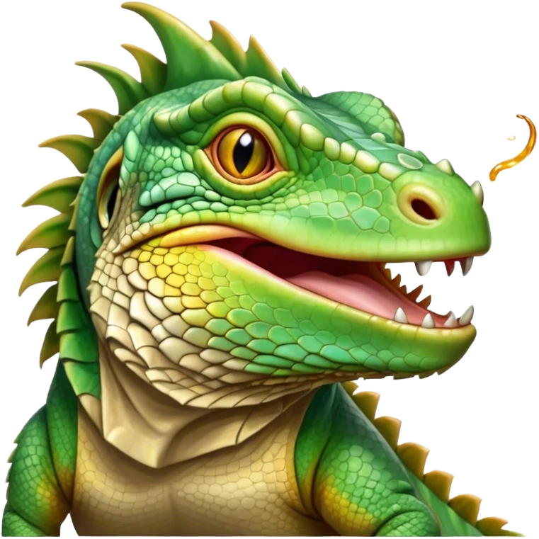 Cinematic Realistic Cute Yawning Iguana Portrait Emoji, Head tilted slightly with a dramatic, wide-open yawn, showcasing a soft, textured green-scaled face with gently drooping features and half-closed, drowsy amber eyes, rendered with natural detail and subtle shadows, high shine, relaxed yet expressive, styled with a dash of tropical charm, soft glowing outline, capturing the essence of a sleepy yet affectionate iguana that appears ready to stretch out and enjoy a peaceful nap! emoji