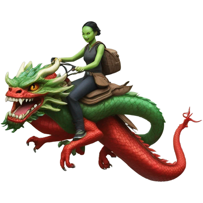 Photo realistic, alien female green,  on red china dragon emoji