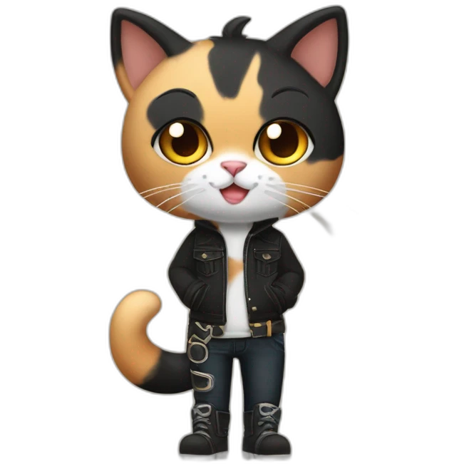 Halloween Meowscles is a buff anthropomorphic calico  cat  he has a shadow design with black  jeans emoji