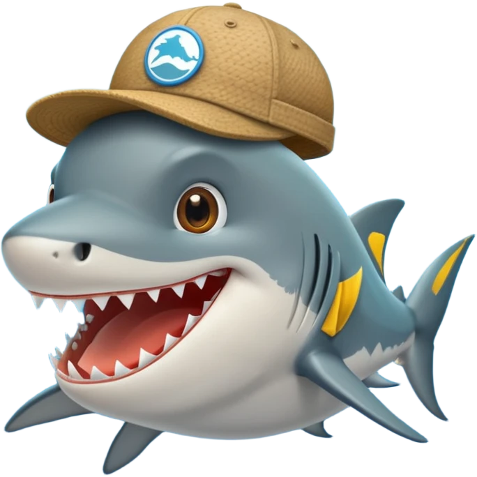 Un tiburón con aspecto gruñón pero con una sonrisa, que tenga una gorra de la marca barbas hats hacia atrás emoji