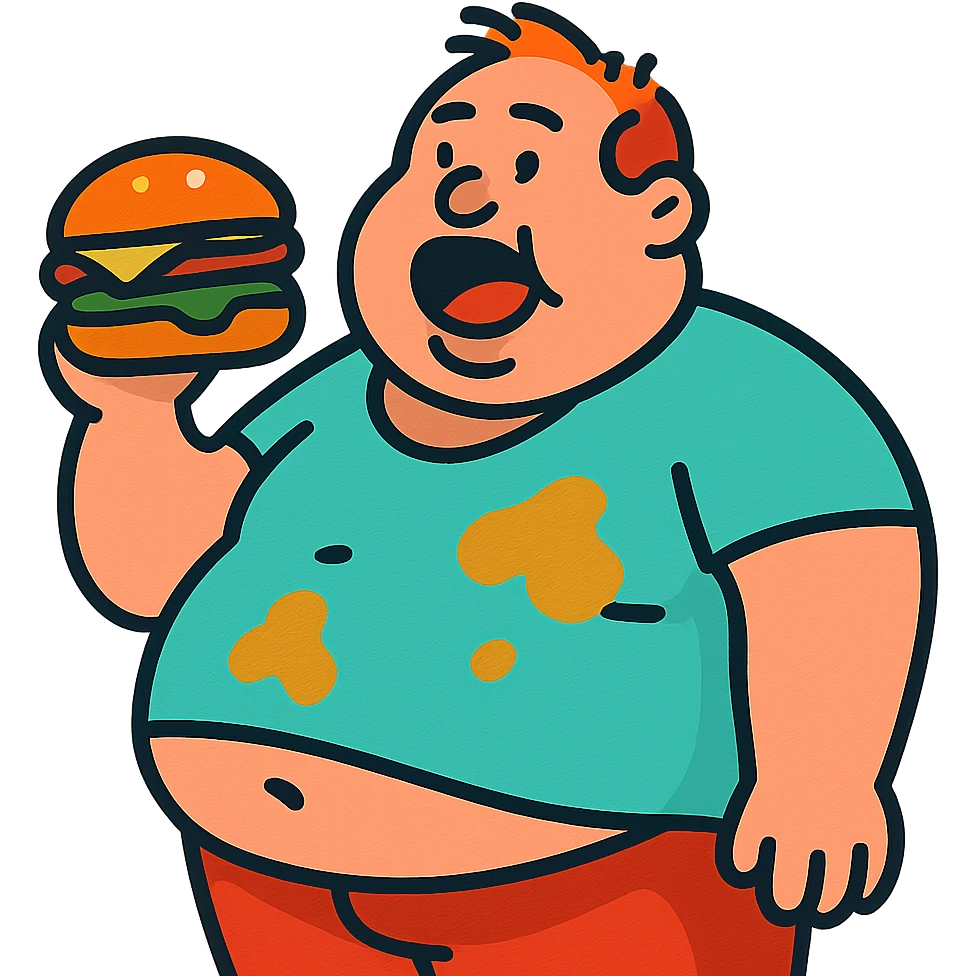 fat man with a shirt that doesn't fit him and has grease stains, holding a burger emoji