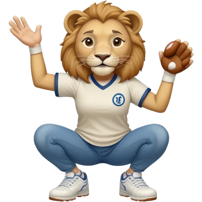 friendly anthropomorphised female lion wearing a baseball shirt, jeans, and trainers, in a squat position, lifting something up emoji