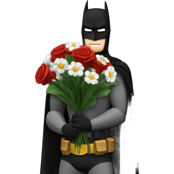 Batman holding a bouquet of white and red flowers in front of the night sky  emoji