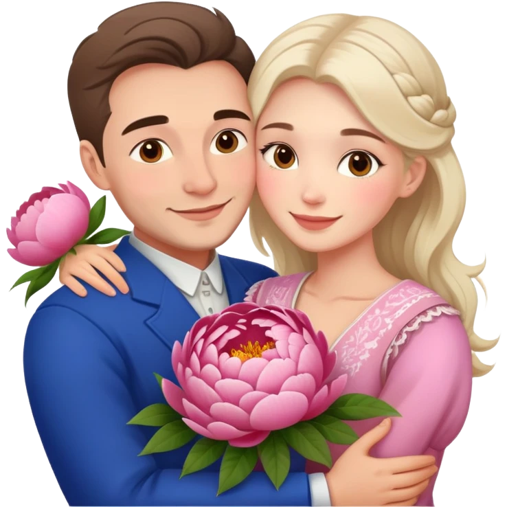 couple hug with warm smiles Ukrainian girl and russian man elegant peonies  emoji