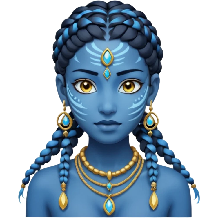 Illustrate a Pandora-style female avatar with radiant blue skin, intricate facial markings, twin braids flowing down, and deep luminous eyes. She wears golden earrings and a tribal rope necklace with a gem, her calm yet powerful gaze reflecting the spirit of the Na’vi. emoji